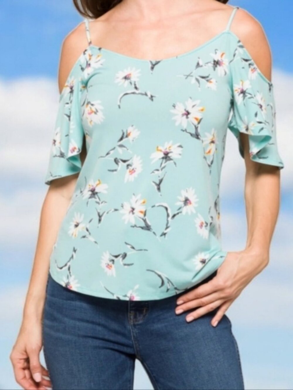 Kaileigh Light Green Floral Cold Shoulder Top - Size L